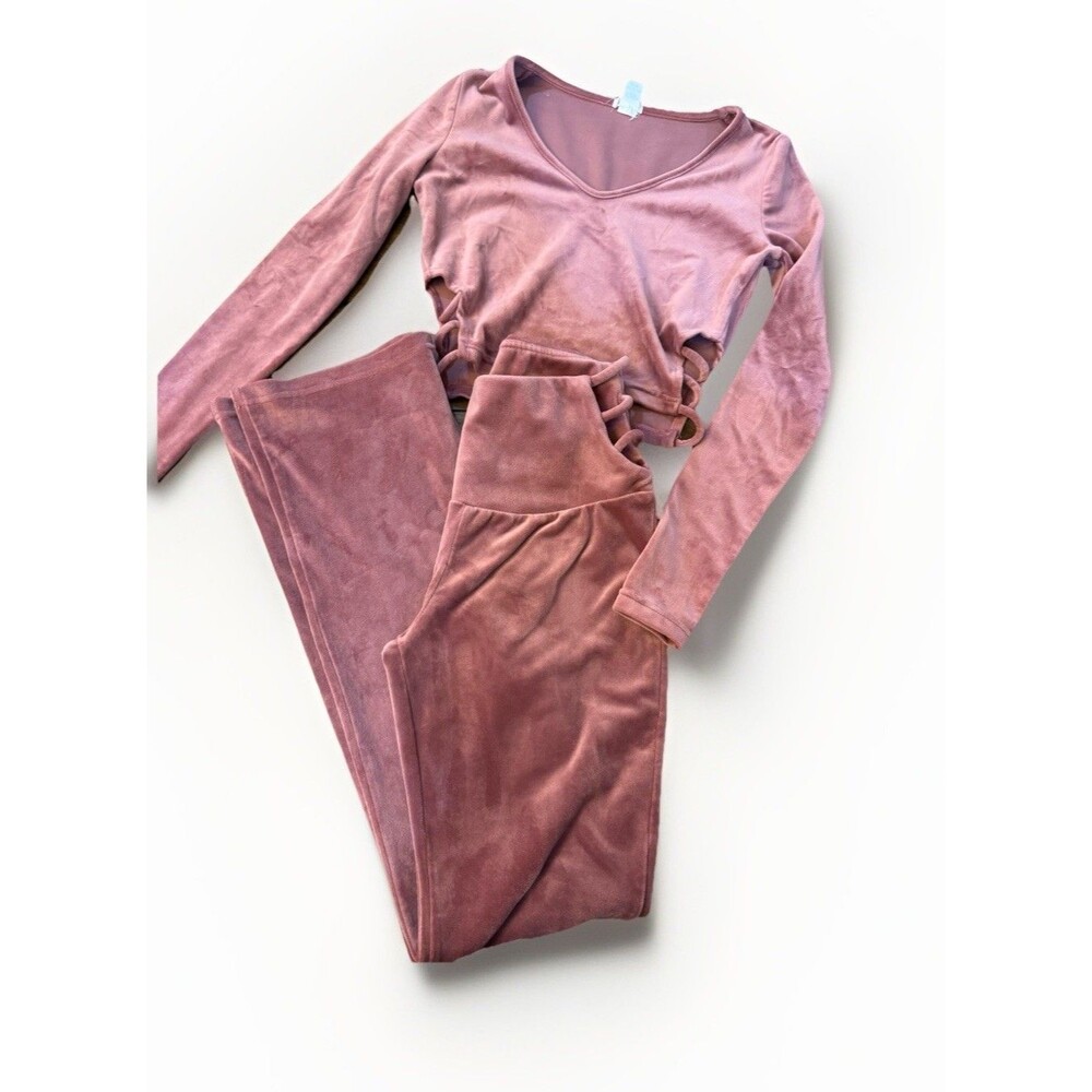 Kyoyo 2pc Velour Lounge Set Dusty Rose Cut-Out Crop Top & Flare Pants Size XS
